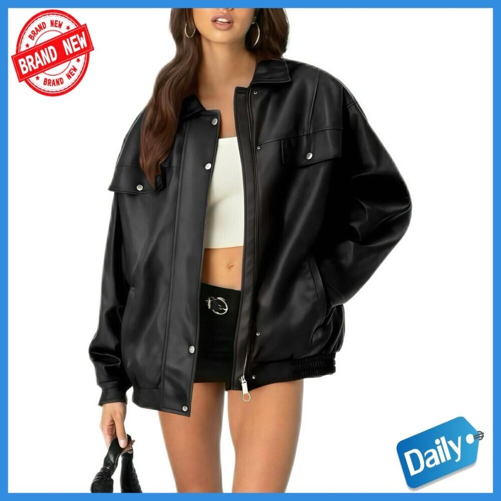 Oversized Faux Leather Motorcycle Jacket Long Sleeve Blazer Women's S/M/L